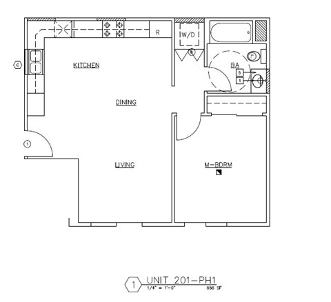 Floor plan for 1 bed, 1 bath, 585 sqft